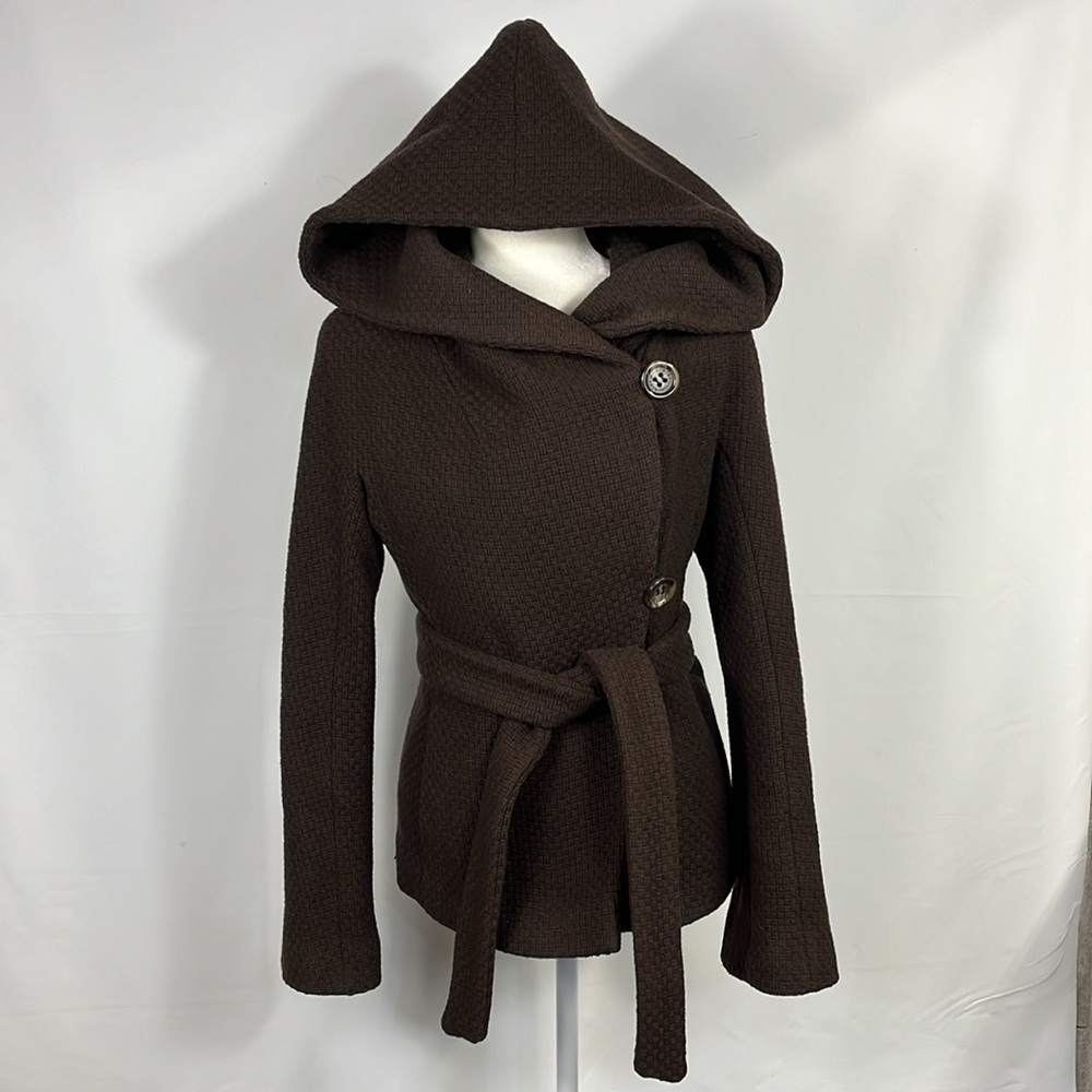 BCBG oversized hooded woven wool wrap peacoat, small